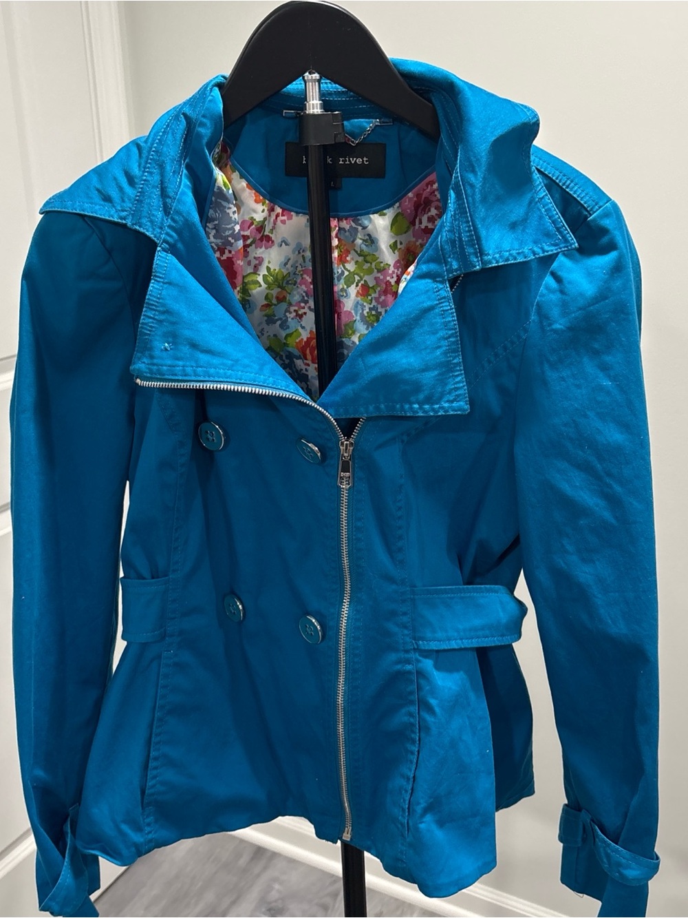 Black Rivet Bright Teal Floral-Lined Trench Jacket - Picture 2 of 8